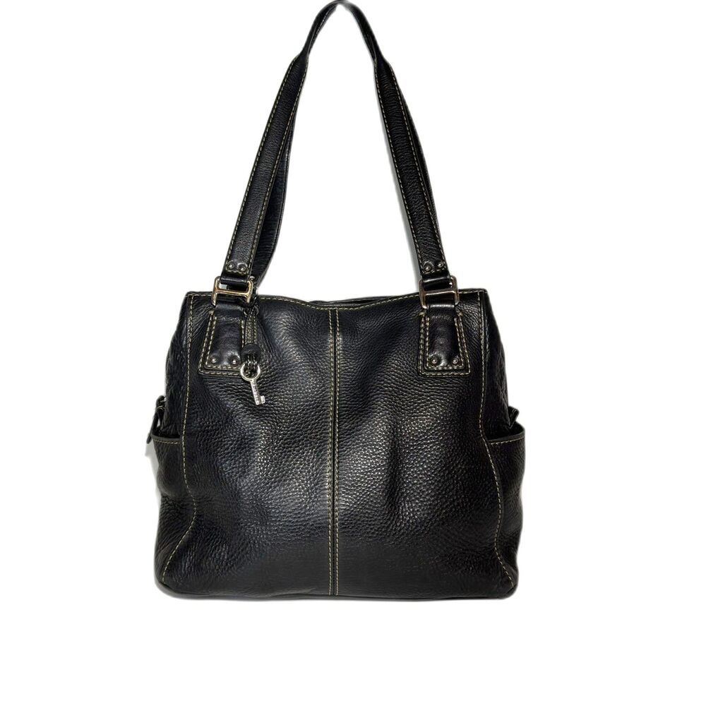 FOSSIL Vintage Black Pebbled Leather Shoulder Bag Key Charm Multi-Pockets
